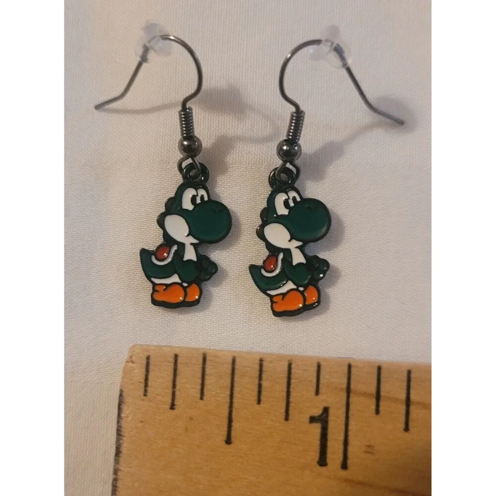 Mario Brothers Inspired Yoshi Dinosaur Dangle/Drop Hook Earrings Enamel Metal